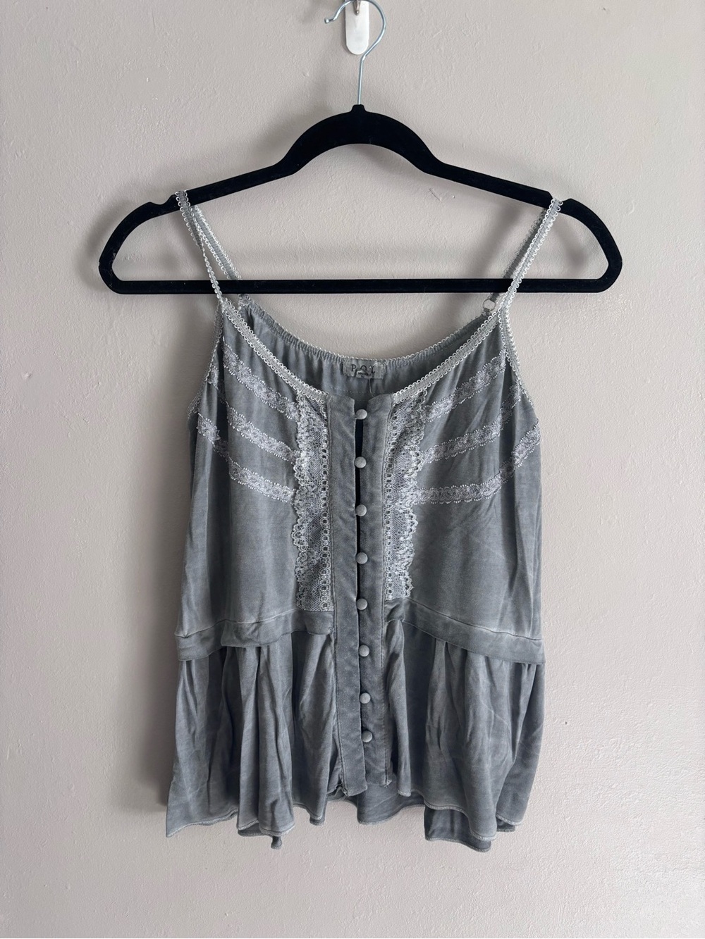 POL Lace-Trim Button Front Grey Camisole Top